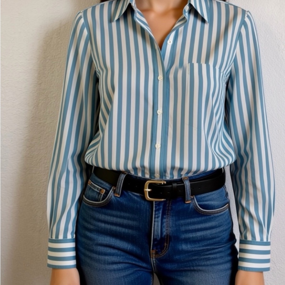 Blue and White Striped Long Sleeve Shirt - Picture 4 of 5